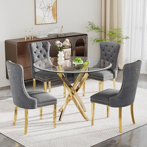 Modehodei Glass Dining Table Set for 4, 5-Piece Round Tempered