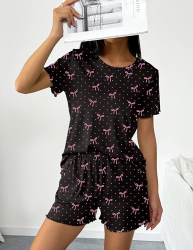 Image of Ekouaer 2 Packs Women Pajama Set Short Sleeve Sleepwear Soft Top and Shorts | Casual Pjs Outfits Ribbed Knit Lounge Set with Pockets