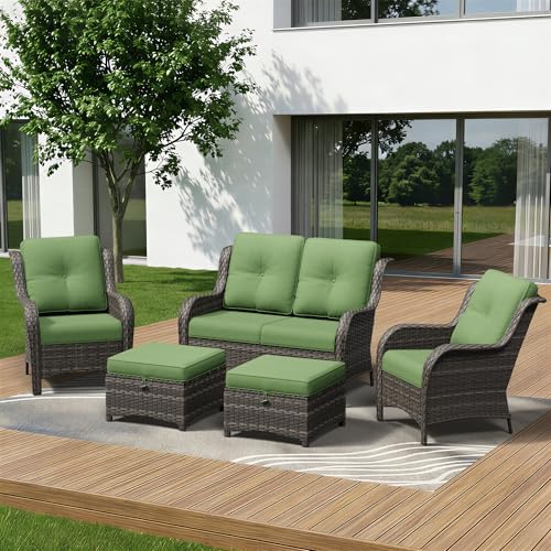 Image of 5 Piece Outdoor Wicker Patio Furniture Set, Patio Chairs Set with Thickened Olefin Cushions, High Back and Deep Seating, Hand-Woven PE Rattan, Ottoman for Porch, Deck