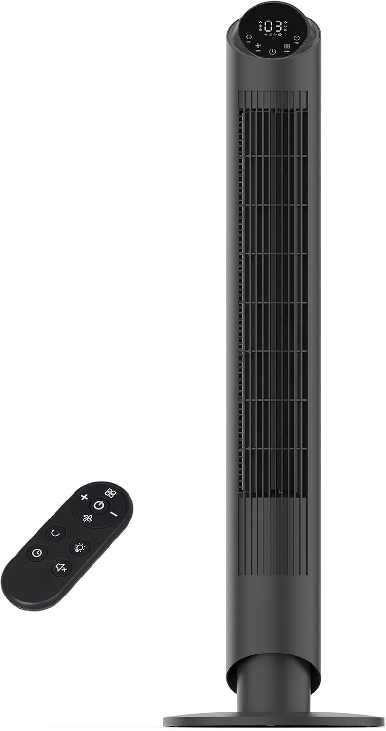 hykolity 40'' Tower Fan for Bedroom, 90° Oscillating Standing Fan, 28dB Ultra Quiet, 26ft/s Velocity Bladeless Floor Fan with 3 Speeds & 4 Modes, 12H Timer for Living Room, Home, Office, Black