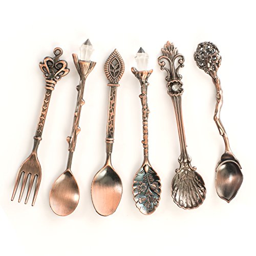 Lot de 5 cuillères à café et 1 fourchette Hivenets - Style bistro, café - Pour thé, glace, dessert, fruit - En acier inoxydable 6 Sets bronze