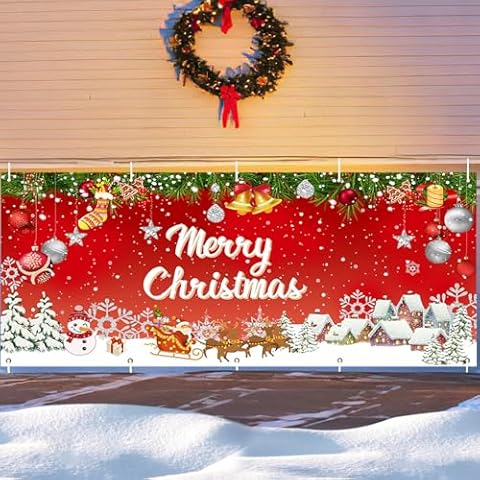 Hmlinktt Christmas Garage Door Covers,Christmas Banner Hanging Christmas Backdrop Christmas Garage Door Decorations, Snow Garage Buddy Christmas Decorations Outdoor for Home Yard 7 x 16 Ft Cover