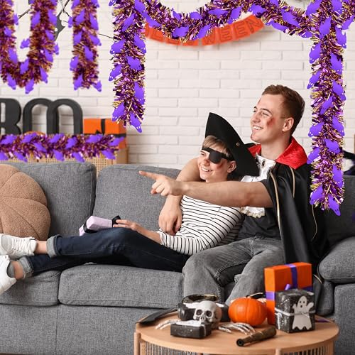 Image of 50 Ft Halloween Tinsel Garland, Mixed Color Glitter Tinsel Garlands with Purple Ghost Metallic Holiday Hanging Streamers for Halloween Indoor Outdoor Party Decor