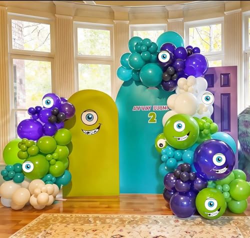Monster Balloons Arch Garland Kit Decorations, 110pcs Monster Cartoon Theme Balloons Party Decorations, Dark Purple Green White Teal Blue Balloons Arch for Birthday Baby Shower Party Decor