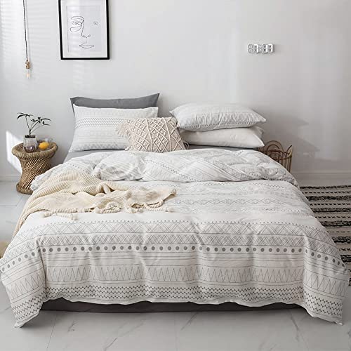 Bohemian Duvet Cover King, Grey Stripe Aztec Bedding Set, 3 Pieces Ultra Soft Breathable Boho Cotton Comforter Cover with Zipper Ties, 1 Geometric White Duvet Cover & 2 Pillowcases, No Comforter