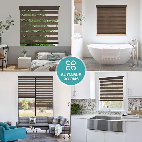 Joydeco No Drill Zebra Blinds for Windows, Cordless Dual-Layer Privacy Zebra Shades for Indoor Windows, Easy to Install, Light Filtering Sheer Blinds for Home (Coffee,Custom Size)