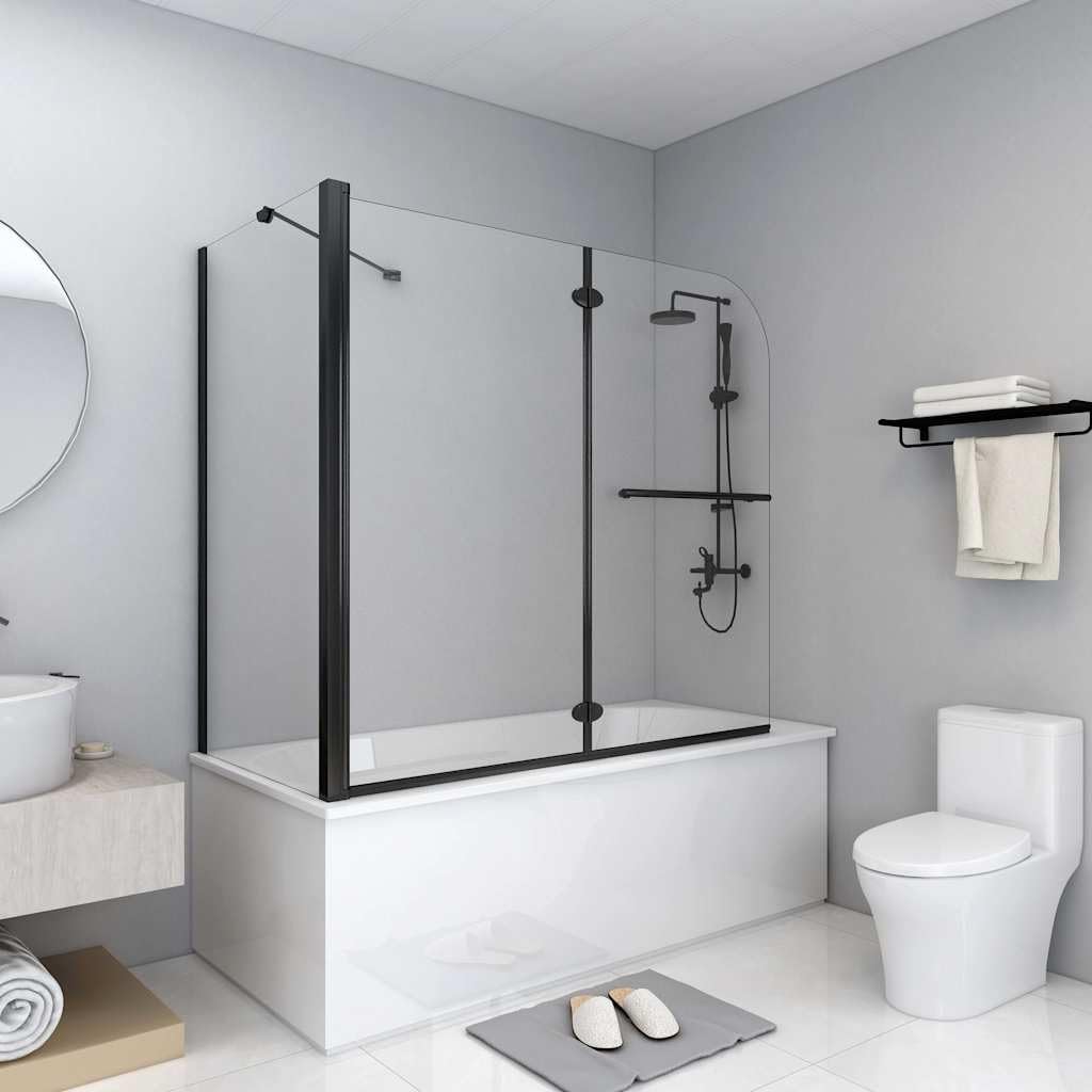 Box doccia pieghevole a 2 scomparti, in vetro temperato ESG, 120 x 68 x 130 cm, nero, con maniglia e portasciugamani, telaio in alluminio, per vasca da bagno, box doccia, porta a pendente