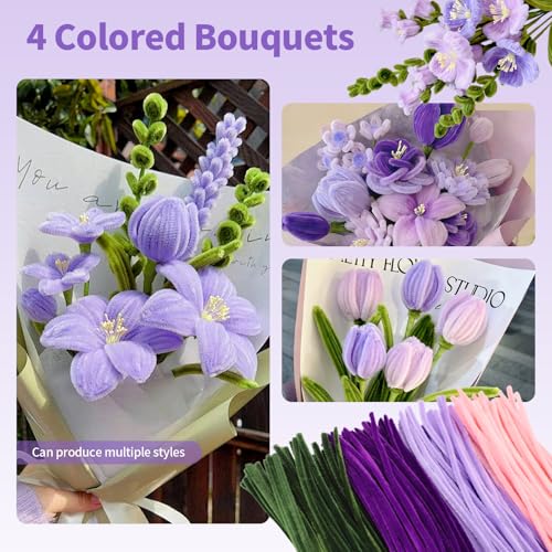 Pfeifenreiniger Blumen Set, 300 Stück Pfeifenputzer zum Basteln, Pfeifenreiniger zum Basteln, mit Grüne Bastelfaden, Klebeband, Geschenkpapier für Blumenstrauß DIY, Violett