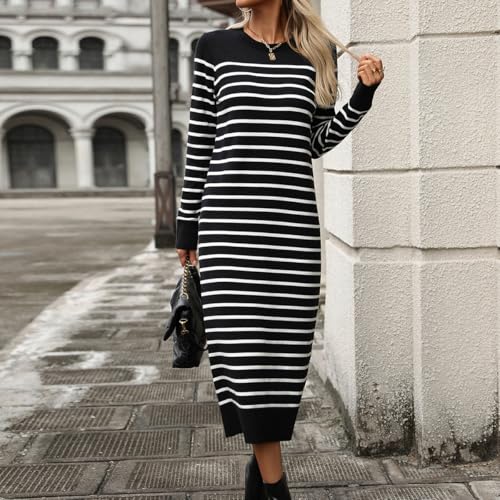 Robe pull midi à rayures col rond pour femme style décontracté chic - 2