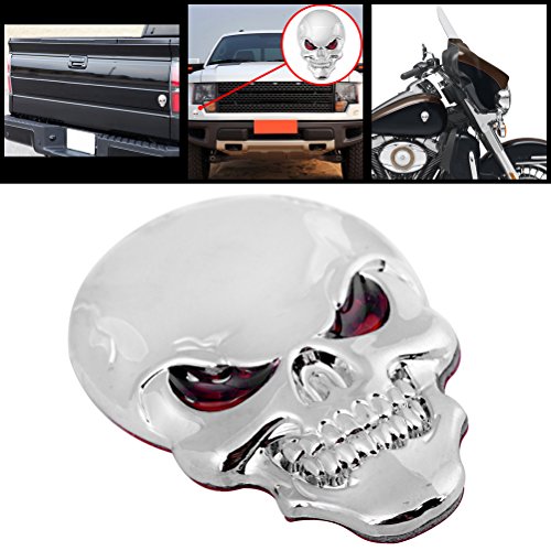 Universal 3D Chrome Silver Bone Red Eyes Metal Skull Emblem Sticker Decal Car Motorcycle Fender Hood #TOP6
