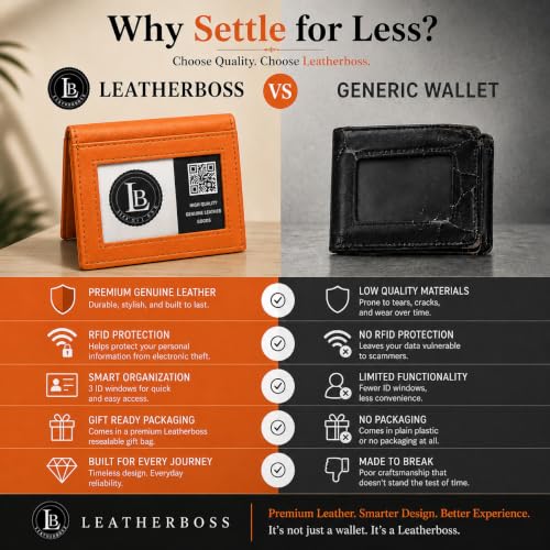 Image of LB LEATHERBOSS Slim Thin Leather Credit Card Triple ID Window Mini Wallet Bifold Driver License Safe (Orange)
