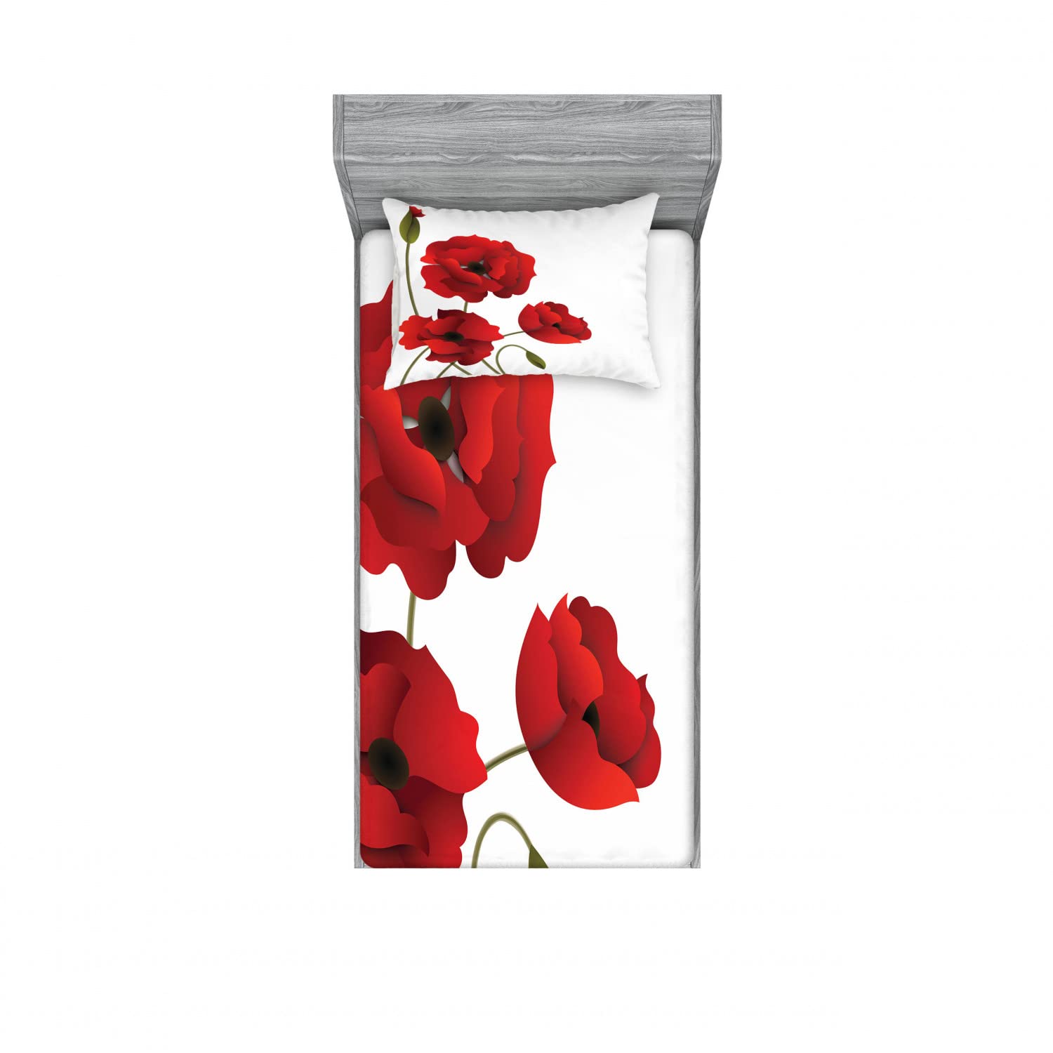 Ambesonne Floral 2 Pack Fitted Sheet & Pillow Sham Set, Flowers Petals and Buds, 4 Pcs Bedding Decor, Package Contains 2 Twin XL Size Fitted Sheets & 2 Pillow Covers, Red Green