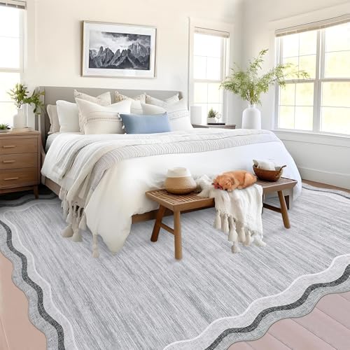 GarveeHome Scalloped Washable 5x7 Area Rugs for Living Room Modern Solid Rug for Bedroom Dining Room, Non Slip Scalloped Throw Rug with Rubber Backing, Soft Low Pile Dorm Nursery Carpet Grey 5x7