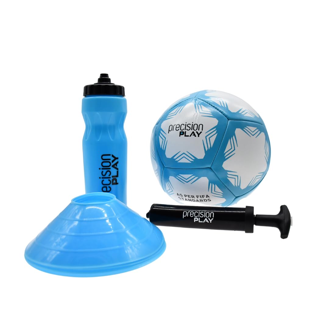 PrecisionPLAY Football Training Set for Kids, Size 4 Ball, Cones, Water Bottle, Pump and Bag, Soccer Training Equipment Kit, Gift for Young Players, Blue