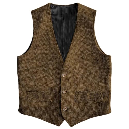 Men Vest Brown Herringbone Single Button Waistcoat Vintage Regular Slim For Wedding Banquet Work Business Suit Vest