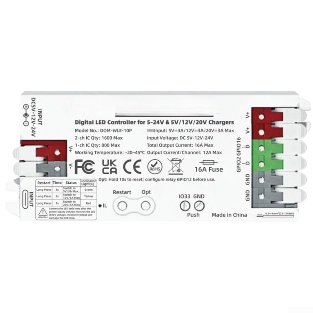 Controlador WLED para tiras LED de 5V a 24V con placa ESP32, USB-C y soporte de 16A