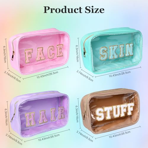 4Pcs Storage Bag for Skin Face Hair Stuff with Chenille Letter,Transparent PVC,Waterproof Nylon,Cosmetic Bag Makeup Pouch with Zipper(Light Green, Purple, Pink, Khaki)3