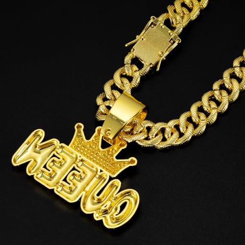 Unisex Adult Queen Alphabet Hip Hop Cuban Chain Necklace, 19.6 Inches, Gold Plated Stainless Steel, Rhinestone Letter Pendant4