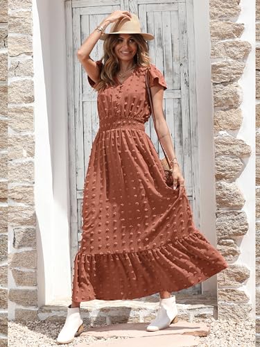 Image of PRETTYGARDEN Womens Dresses 2026 Summer Maxi Dress Boho Short Sleeve V Neck Swiss Dot Ruffle Tiered Smocked Flowy Long Dress