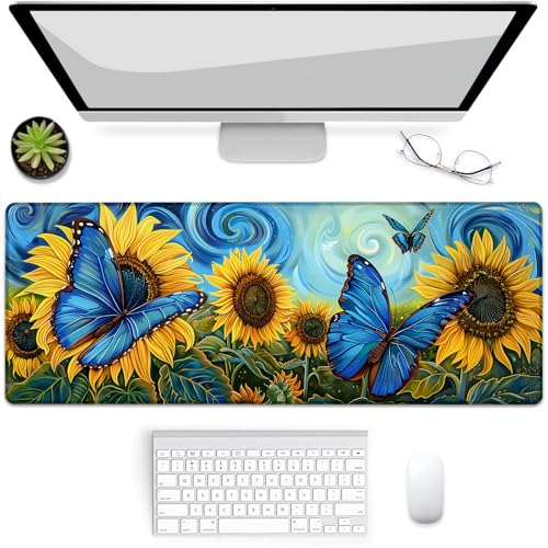 Tapis de souris XXL 80x30 cm motif tournesol et papillon bleu