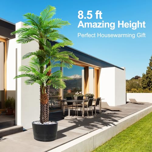 Image of 8.5ft Tall Artificial Palm Tree for Outdoors - Triple Phoenix Palm, UV Resistant, Large Fake Silk Palm Tree - Perfect for Patio, Poolside, Home Indoor Aesthetic Decor