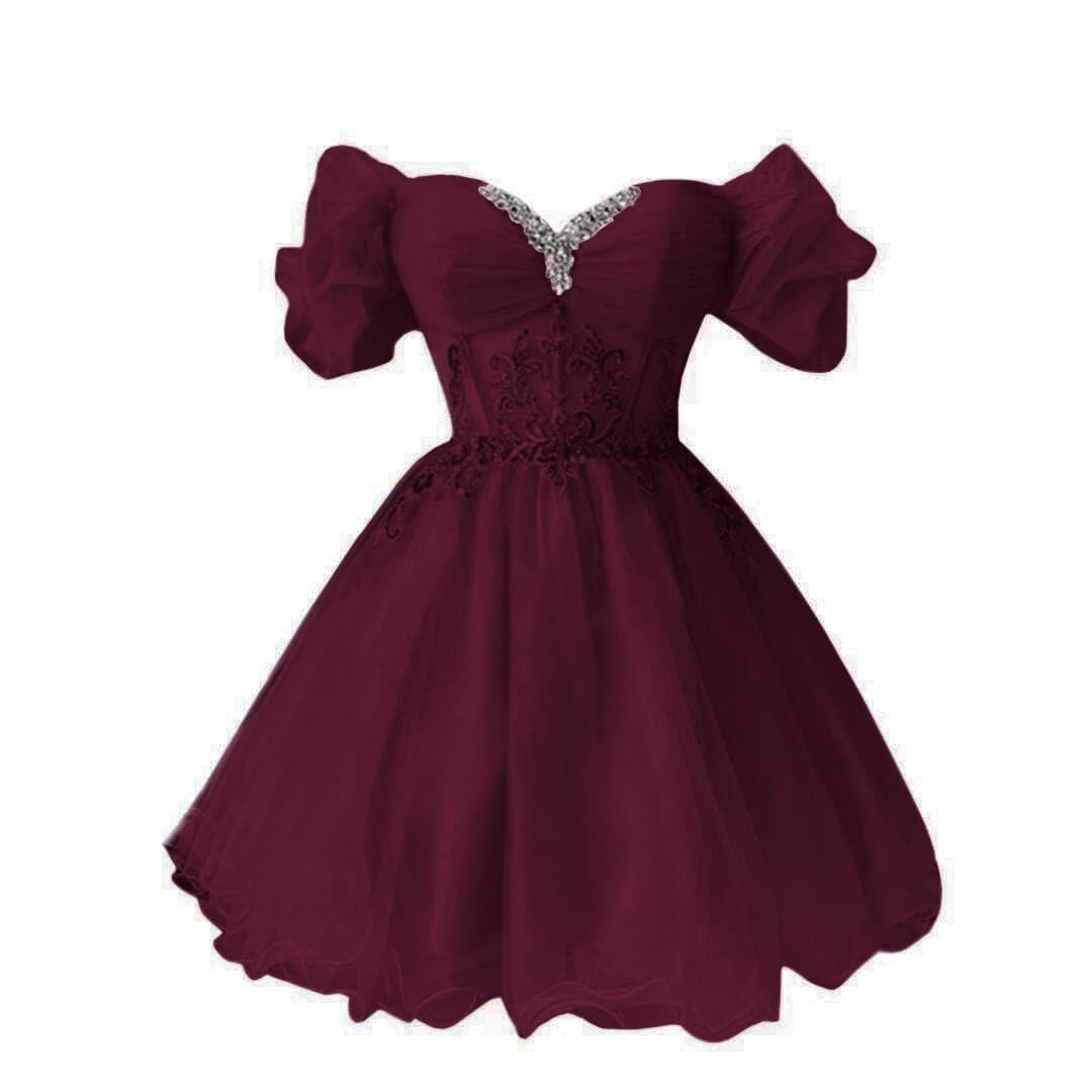 Fanciest Off Shoulder Short Homecoming Dresses for Juniors Beaded A-Line Lace Tulle Prom Dresses