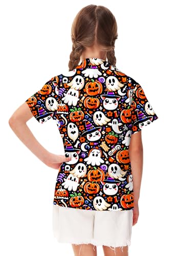 Image of Remimi Unisex Kids Halloween Shirt Boys Pumpkin Ghost Shirts Hawaii Button Up Tops 5-14 Years