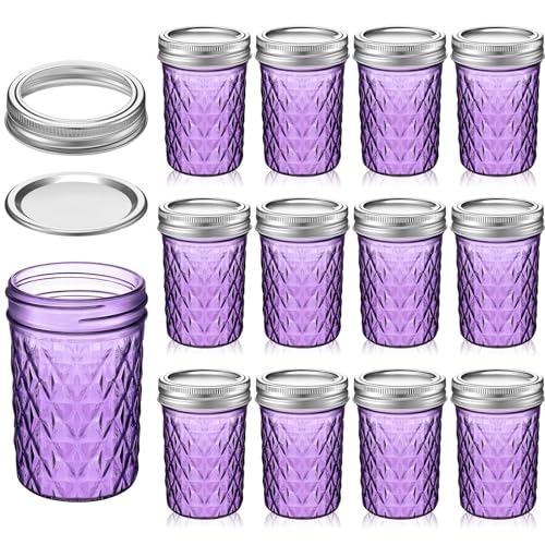 Zhehao 12 Pcs Mason Jars 8 oz with Regular Lids Mini Canning Jelly Honey Jars for Wedding Shower Favors DIY Projects Candle Holding Spice Jam Fruit Smoothie Salad Dressing Ketchup(Purple)