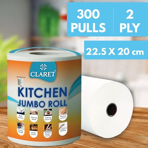 Image of Claret Kitchen Jumbo Towel Tissue Paper Roll Napkin 300 Pulls Each Roll | Soft & Highly Absorbent | 100% Natural | 2 Ply | Ideal For Cleaning Kitchen Accesssories Microwave & OTG (Pack Of 2)
