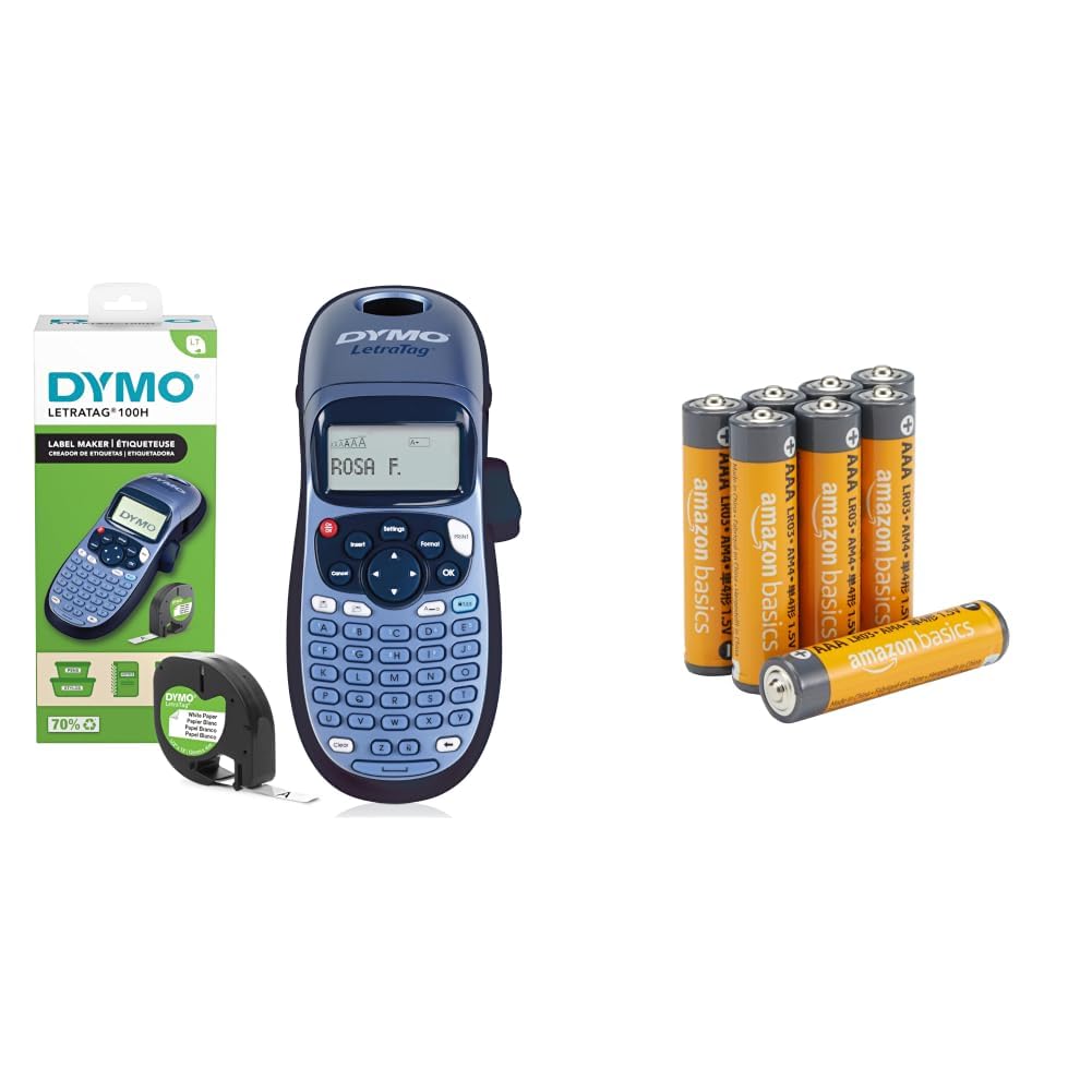 DYMO LetraTag LT-100H Beschriftungsgerät Handgerät | Tragbares Etikettiergerät mit ABC Tastatur | blau | Ideal fürs Büro oder zu Hause + Batterien: Amazon Basics Pack of 8 x AAA