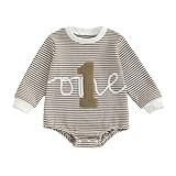 Geagodelia Baby Boy First Birthday Sweatshirt Romper 6-12 Months Striped Long Sleeve Number Embroidery Bodysuit 12-18 Months Infant Boys Jumpsuit 1st Birthday Outfit (Khaki, 12-18 Months)