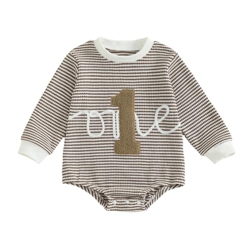 Geagodelia Baby Boy First Birthday Sweatshirt Romper 6-12 Months Striped Long Sleeve Number Embroidery Bodysuit 12-18 Months Infant Boys Jumpsuit 1st Birthday Outfit (Khaki, 12-18 Months)