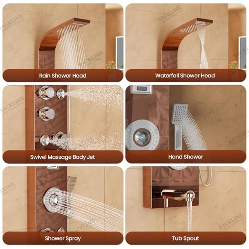 Image of Backline 6-in-1 Multifunction Shower Panels (Rose Gold) - SS 304 Grade | LED Rainfall, Rotatable Body Jets, Hand Shower & Tub Spout | Wall Mount Shower Panels for Bathroom