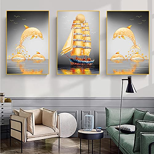 Voilier doré et dauphin poster scandinave pour décoration salon lumineux