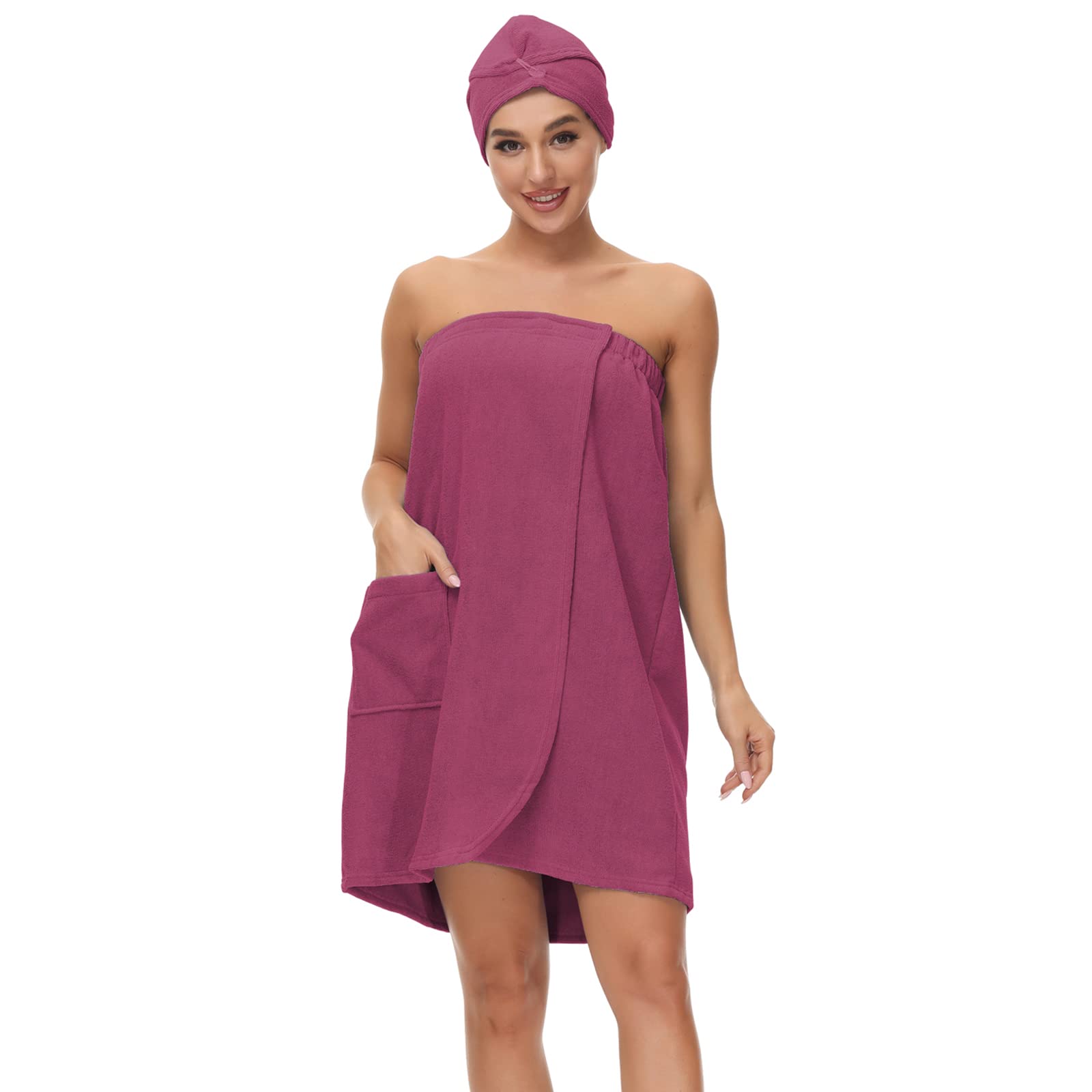 Verve Jelly Women Bath Wrap Towel for Spa Shower Adjustable Robe Strapless Bathing Towel Soft Microfiber Bathrobes Wrap with Hair Turban, Purple, S