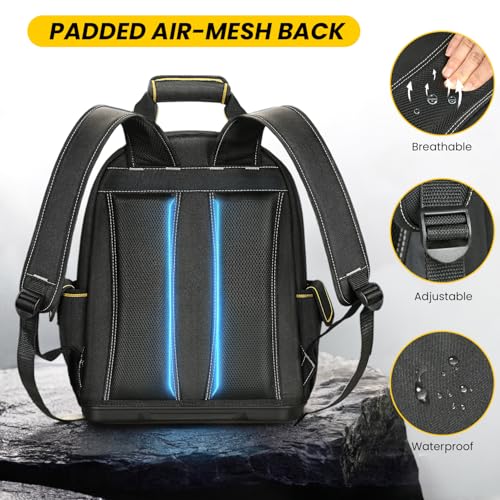 WINHUNT Tool Backpack, Heavy-Duty Tool Bag Backpack with Waterproof Molded Base, Multiple Pockets tool rucksack, tool bag organizer for electrician,Black/Yellow - Image 3