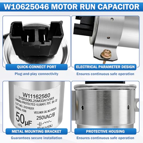 Image of Upgrade W11395618 W11162560 W10625046 Washer Motor Run Capacitor 50uF 250VAC 50 /60Hz 10000AFC Compatible With Whirlpool Washer Capacitor Replace W10390446 W10866250 W10843769 WPW10625046 W11315694