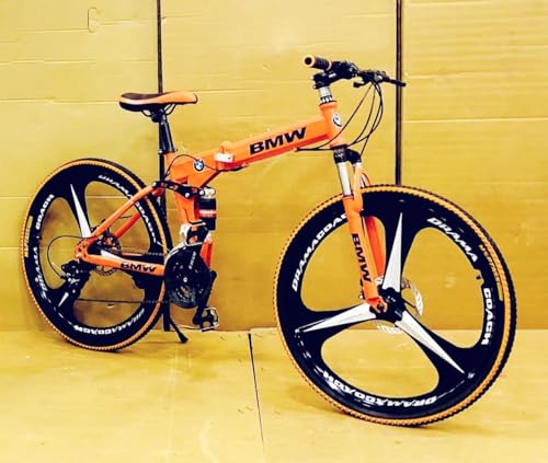 Image of Amaze Kai Dual Suspension Bikes Bm Foldable Gear Cycle for Men with 21 Speed Gear 6 Spoke | Folding Mountain Bike with Double Disc Break & Mac Wheel, 26 Inch, White N Black (Orange- B)