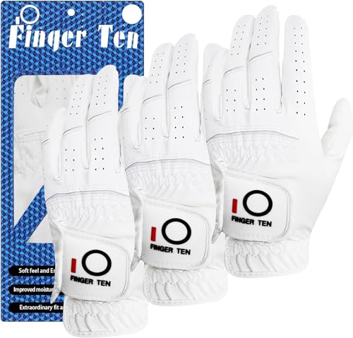 FINGER TEN All Weather Grip Golf Gloves Men Value 3 Pack for Right Handed Golfer, Hot Wet Rain Grip & Comfort Soft Glove for Premium Performance, Colors White Black Blue Sizes S M L XL