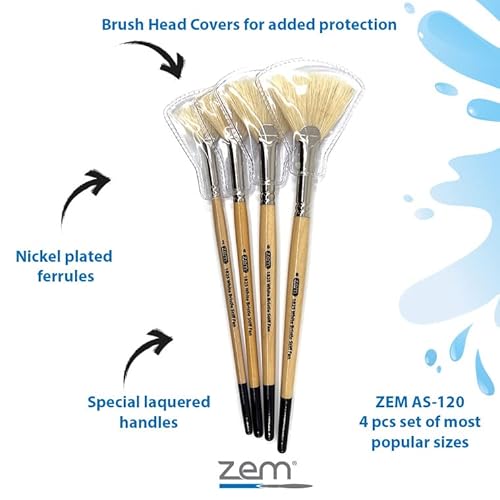 Zem Brush White Hog Bristle Stiff Fan Brush Set Size 2,4,6,8 #TOP1