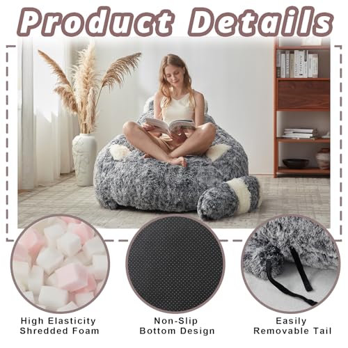 EBENCHICO Giant Bean Bag Chair for Adults Teens, Raccoon Shaped Faux Fur Bean Bag Sofa with Filler, Plush Beanbag Couch with Tail Pillow for Gaming, Reading, Bedroom, Dorm — view 6