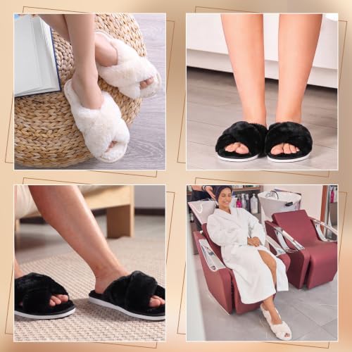 Image of 12 Pairs Women's Fuzzy Slippers Cross Band Open Toe Bridesmaid Fluffy Comfy House Slippers for Indoor Outdoor Wedding