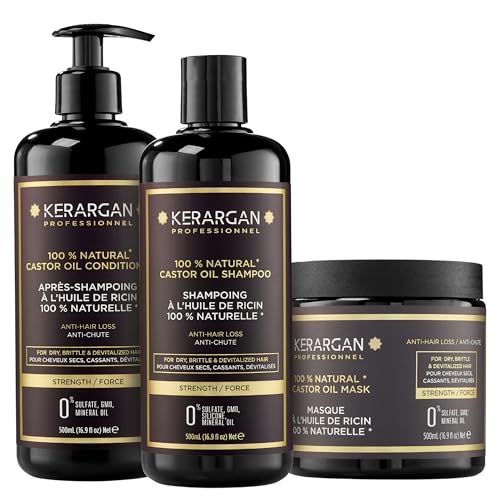 Kerargan - Trio Anti-Chute Shampoing, Après-shampoing & Masque à l’Huile de Ricin pour Cheveux Secs, Cassants ou Dévitalisés - Accélère la Croissance...