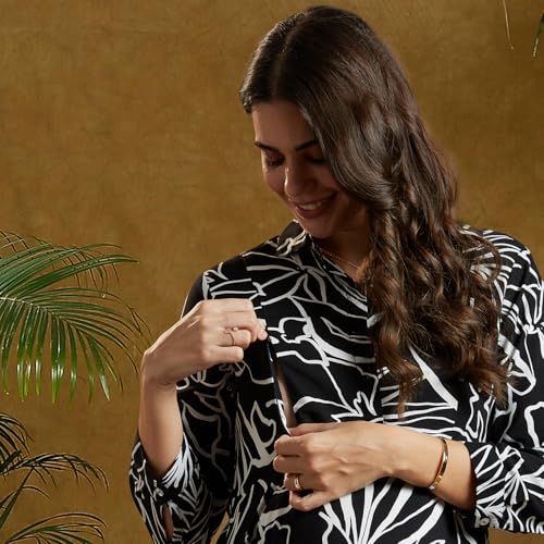 Image of MomToBe Womens Fit And Flare Knee-Length Rayon Maternity /Pregnancy /Easy Breastfeeding /Western Dress with Zippers for Nursing Pre and Post Pregnancy