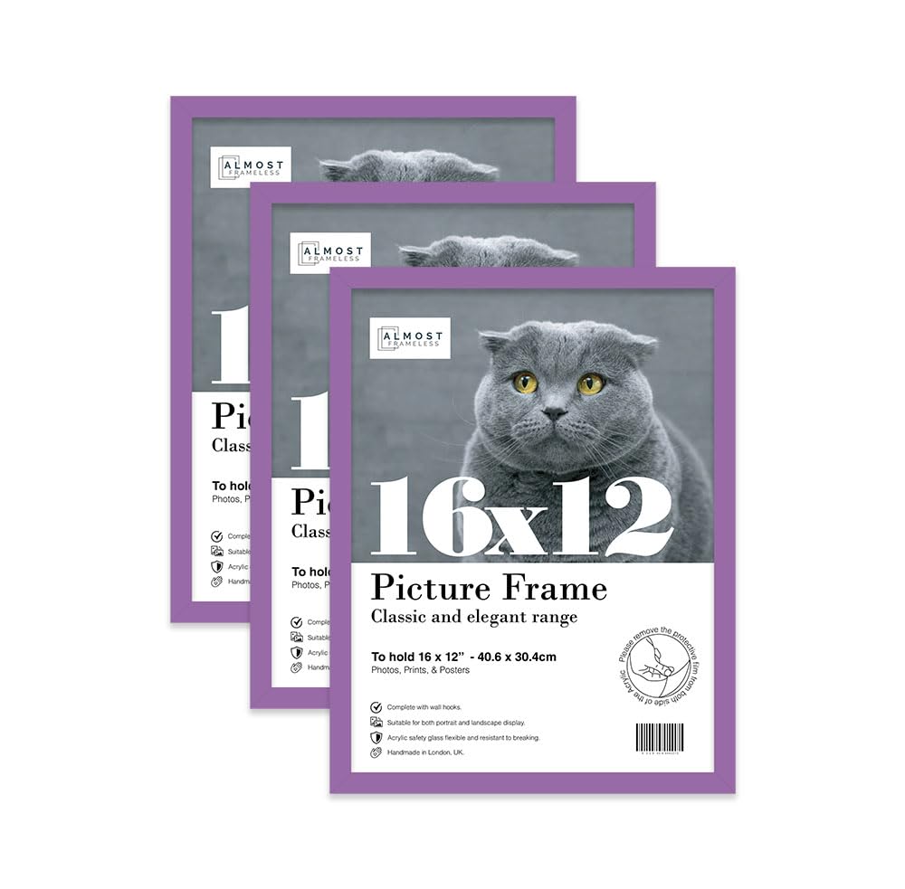 Almost Frameless 16x12 Purple Picture Frame Set of 3, Display 16x12 Picture Gallery Wall, Poster, Photo, Artwork, or Print, Yellow