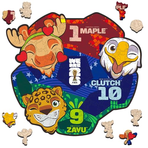 Image of FIFA World Cup 2026 Mascot Wooden Jigsaw Puzzle, 150 Pieces Unique-Shape Collector's Set (Clutch, Maple & Zayu) Official Merchandise - Fun for Kids & Adults, Ideal Soccer Fan Gift, 11.8 x 10.8 Inch