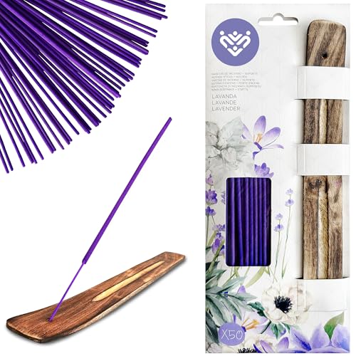 CYNENYC Incienso Natural Lavanda, 50 Varillas Premium Aromaticas Relajantes, Quemador Artesanal de Madera Incluido, Hecho a Mano, Larga Duración, Meditación, Aromaterapia y Limpieza Energética.