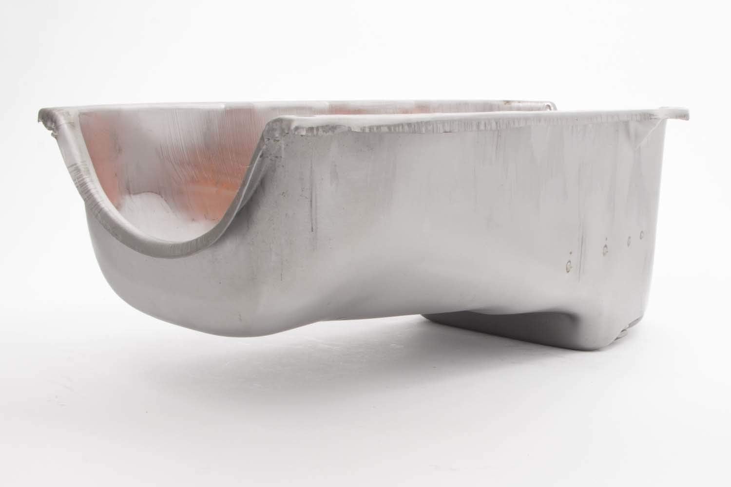 Racing Power Company Engine Oil Pan, Rear Sump, 4 qt, Stock Depth, Steel, Natural, 2-Piece Seal, Small Block Chevy, Each