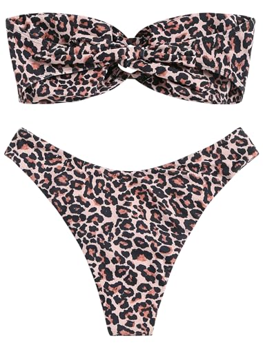 Image of ZAFUL Women's Bandeau Bikini O Ring Strapless Tie Back High Cut Two Piece Swimsuit Bathing Suits