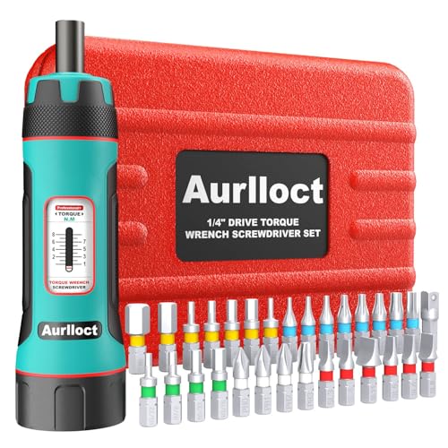 Aurlloct Drehmomentschraubendreher 1/4 Zoll, 1-8 Nm Drehmomentschlüssel, Premium Drehmomentschrauber mit 30 Bits, Adapter mit 1/4' zu Steckschlüsselein, 31-tlg.